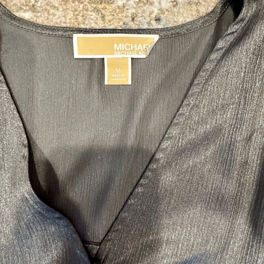 Michael Kors Shimmery Black V-Neck Button Front Blouse